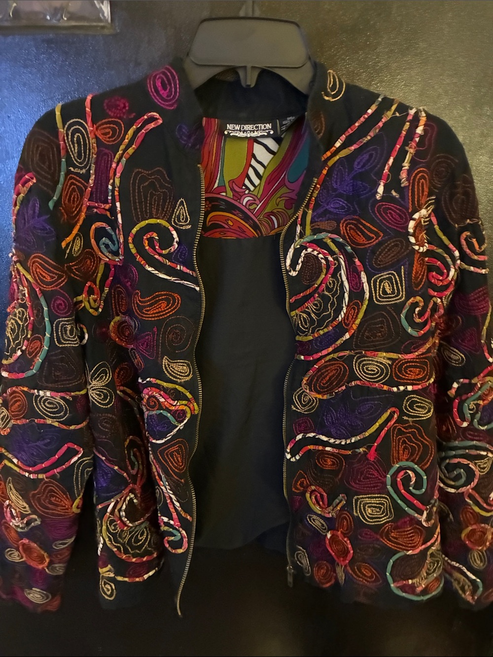 new directions 90s Black Cotton Jacket with Multicolor Embroidered Swirls